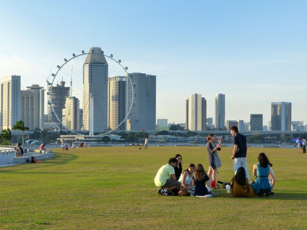singapore, marina barrage, singapore landmark, nature, singapore river, blue sky, clouds, scenery, grass, people, playing, sitting, standing, talking, singapore flyer, building, city