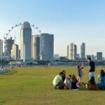 singapore, marina barrage, singapore landmark, nature, singapore river, blue sky, clouds, scenery, grass, people, playing, sitting, standing, talking, singapore flyer, building, city
